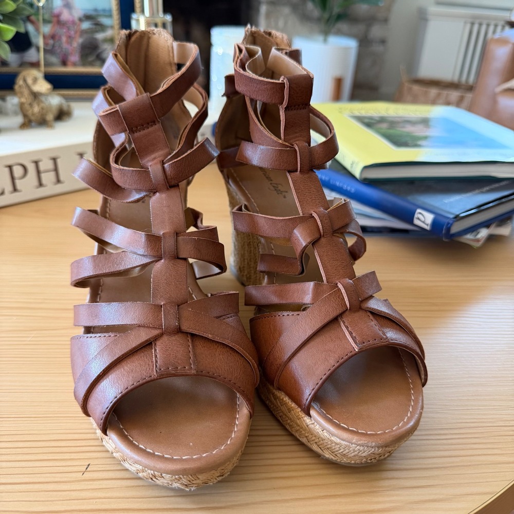 American Eagle Womens Brown Strappy Gladiator Espadrille Wedge Sandals Size 8